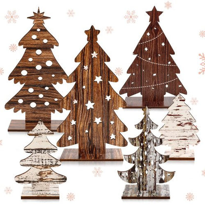 Atiloy 6PCS Wooden Christmas Trees Tabletop Decor Farmhouse Christmas Decor Wooden Christmas Trees Centerpieces Table for Christmas Home Office Farmhouse Tiered Tray Decorations