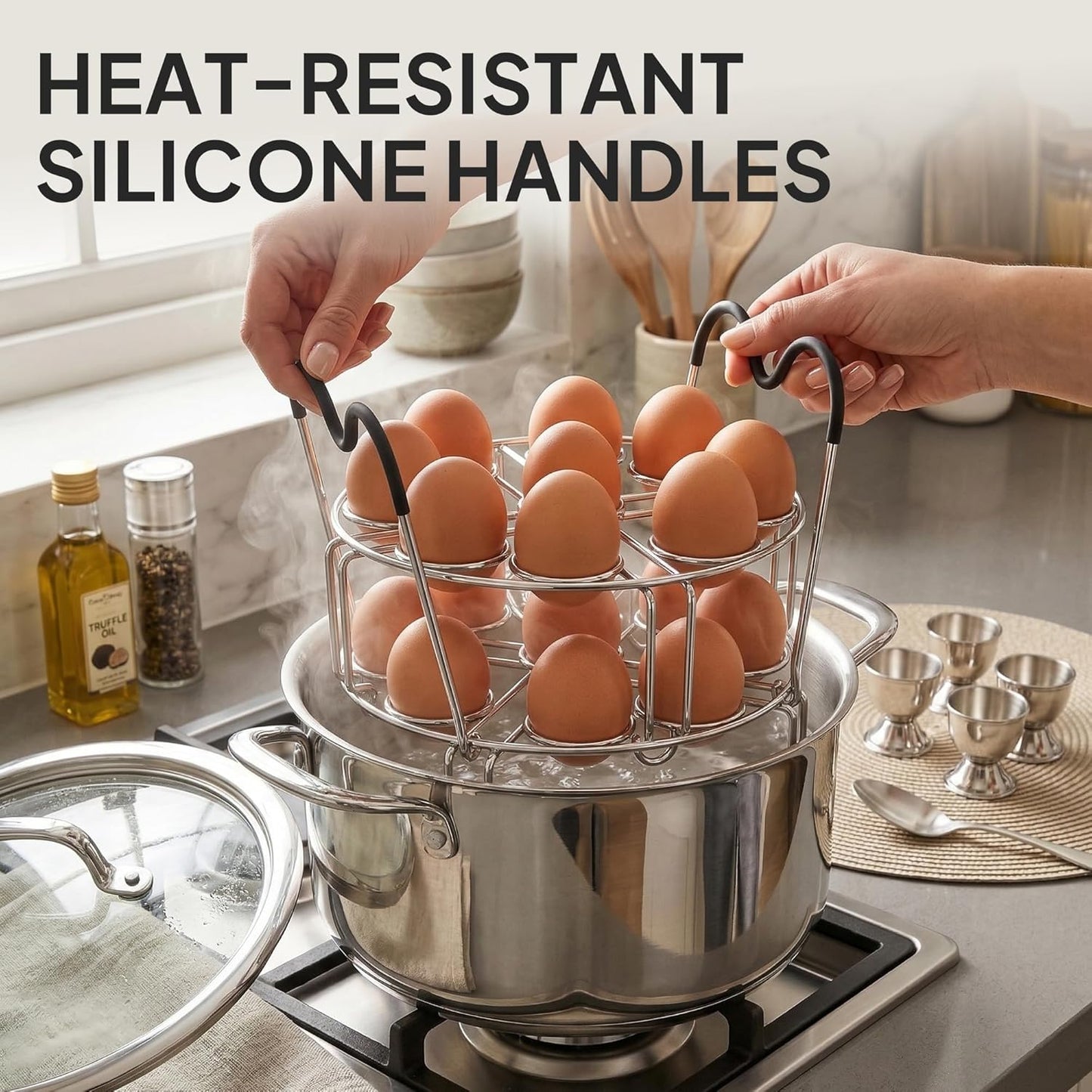 18 6qt/8qt 2-in-1 Stackable Egg Steamer Rack Holds Eggs with Handles, Stainless Steel Instant Pot Trivet Fits Pressure