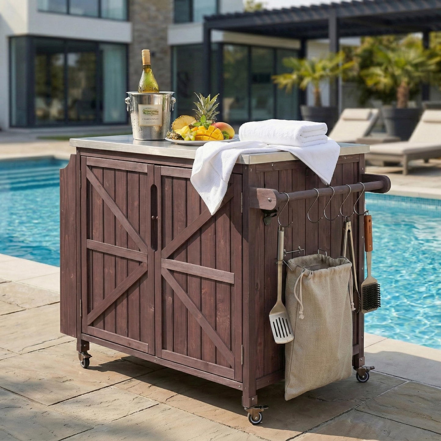 Merax Farmhouse 42." Grill Cart with Stainless Steel Top & Side Shelf, Outdoor Grill Station w/Adjustable Shelf & Lockable Wheels, Modular Kitchen Island for Food Prep & BBQ, Dark Brown