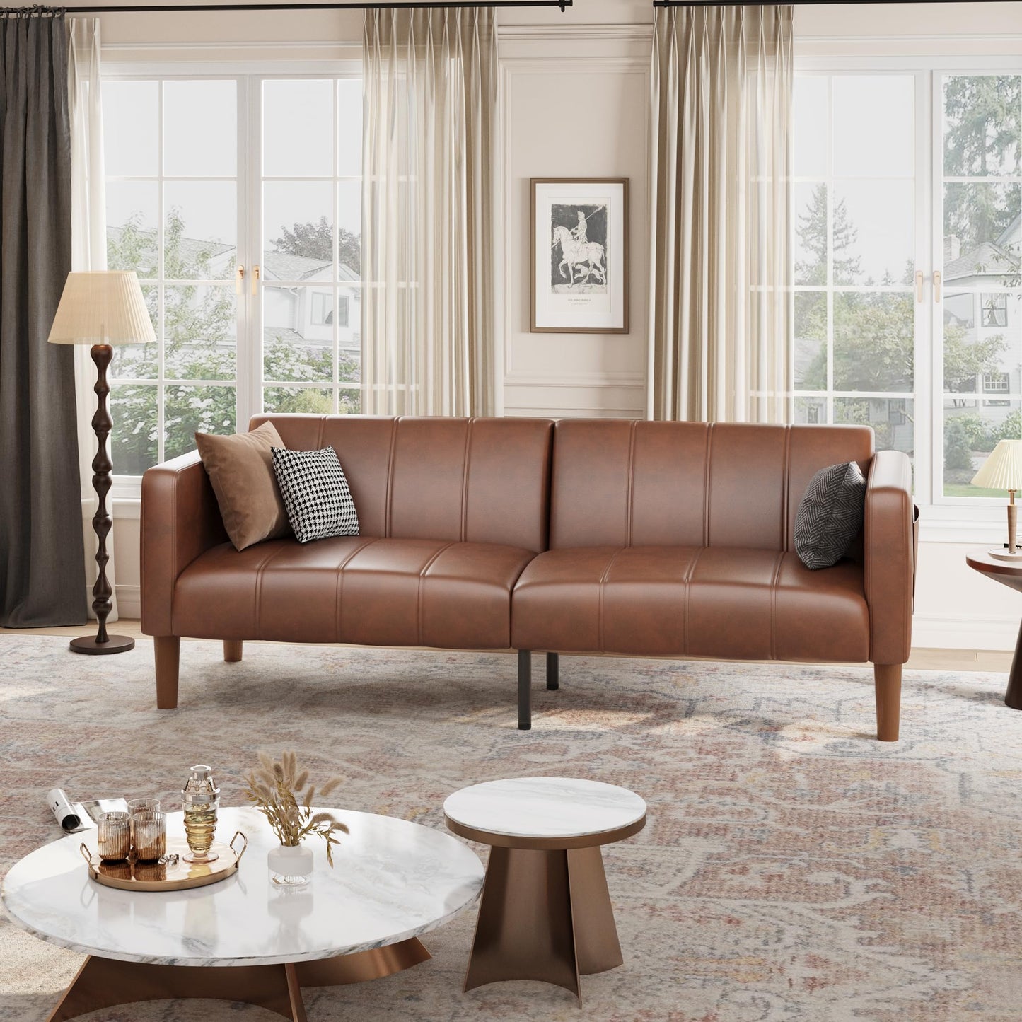 GarveeHome Futon Sofa Bed, 75-Inch Modern Faux Leather Convertible Couch, Mid-Century Loveseat for Small Space, Living Room, Bedroom, Brown