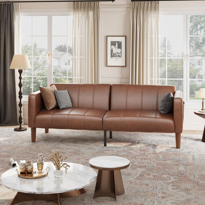 GarveeHome Futon Sofa Bed, 75-Inch Modern Faux Leather Convertible Couch, Mid-Century Loveseat for Small Space, Living Room, Bedroom, Brown