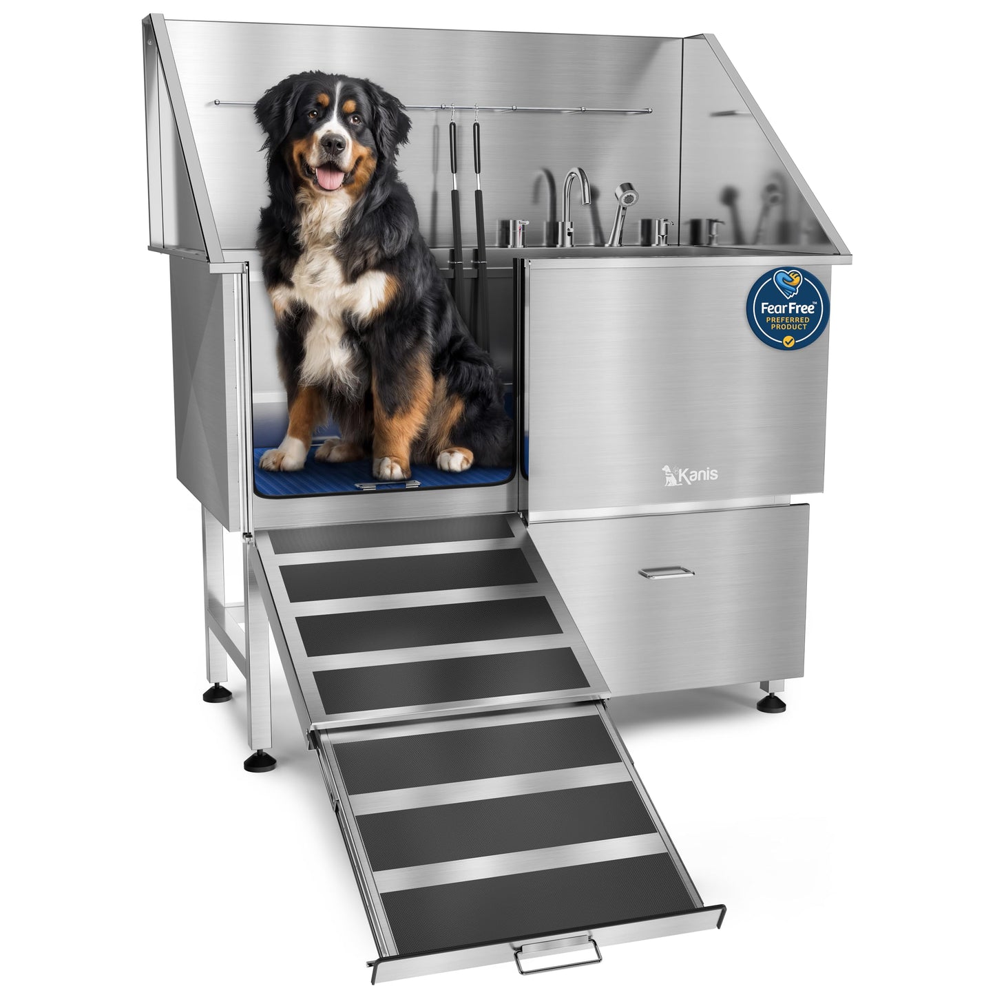 KANIS Professional Dog Washing Station 304 Stainless Steel Pet Wash Sink & Grooming Bathtub w/Shower, Floor Grates and Storage for Large, Medium & Small Pets (Silver, 50 Inches, Left Ramp, 1 Drawer)