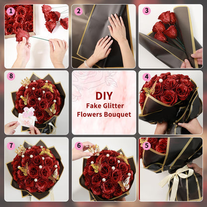 jabeick Glitter Roses Bouquet, Shiny Artificial Roses Flowers with Stems DIY Fake Glitter Flowers Bouquet for Valentines Mothers Day Graduation Birthday Anniversary, 24 Roses (Red)