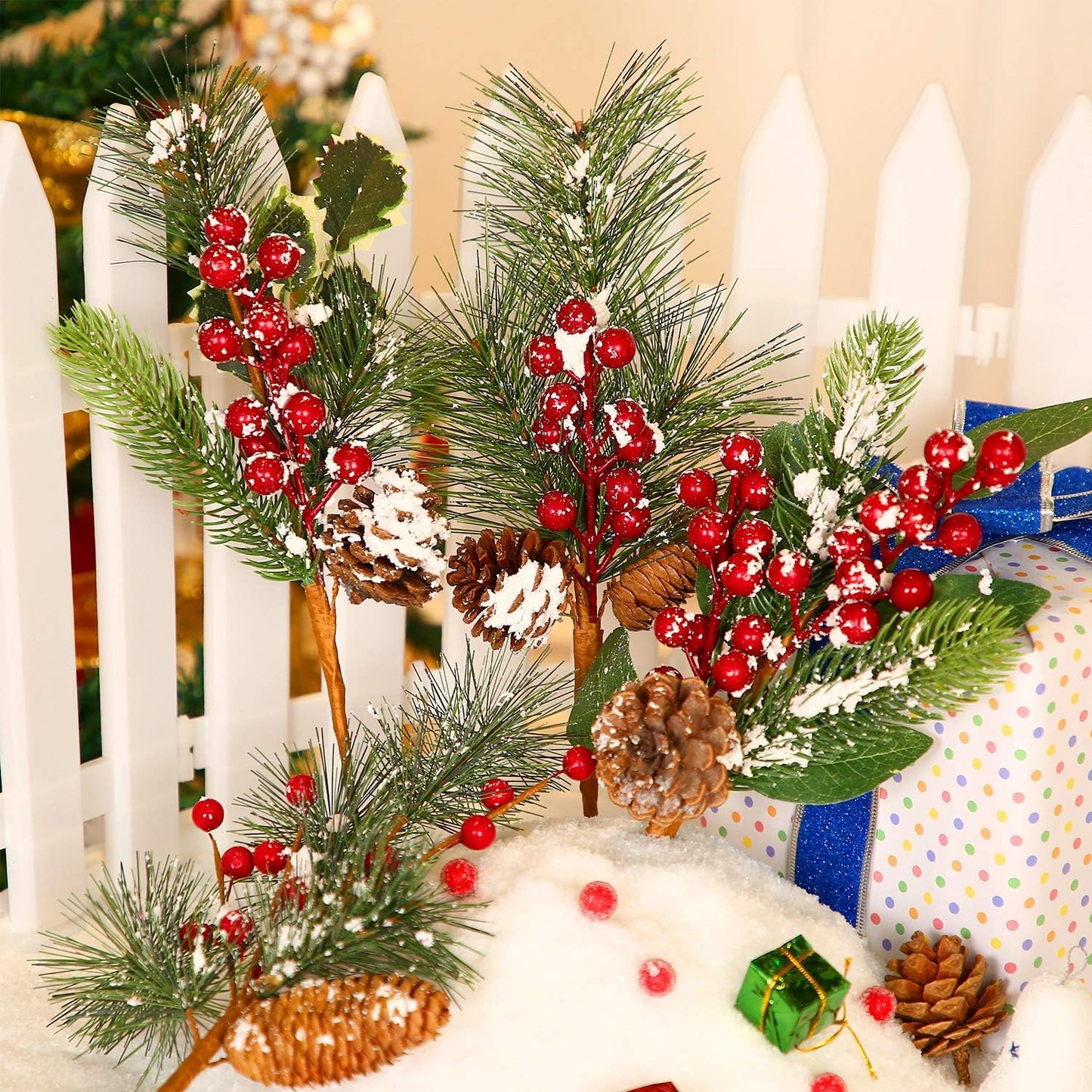 12 14 Inch Tatuo Pieces Christmas Pine Picks and Sprays Artificial Assorted Berry Stem Large Faux Pine Cone Branches