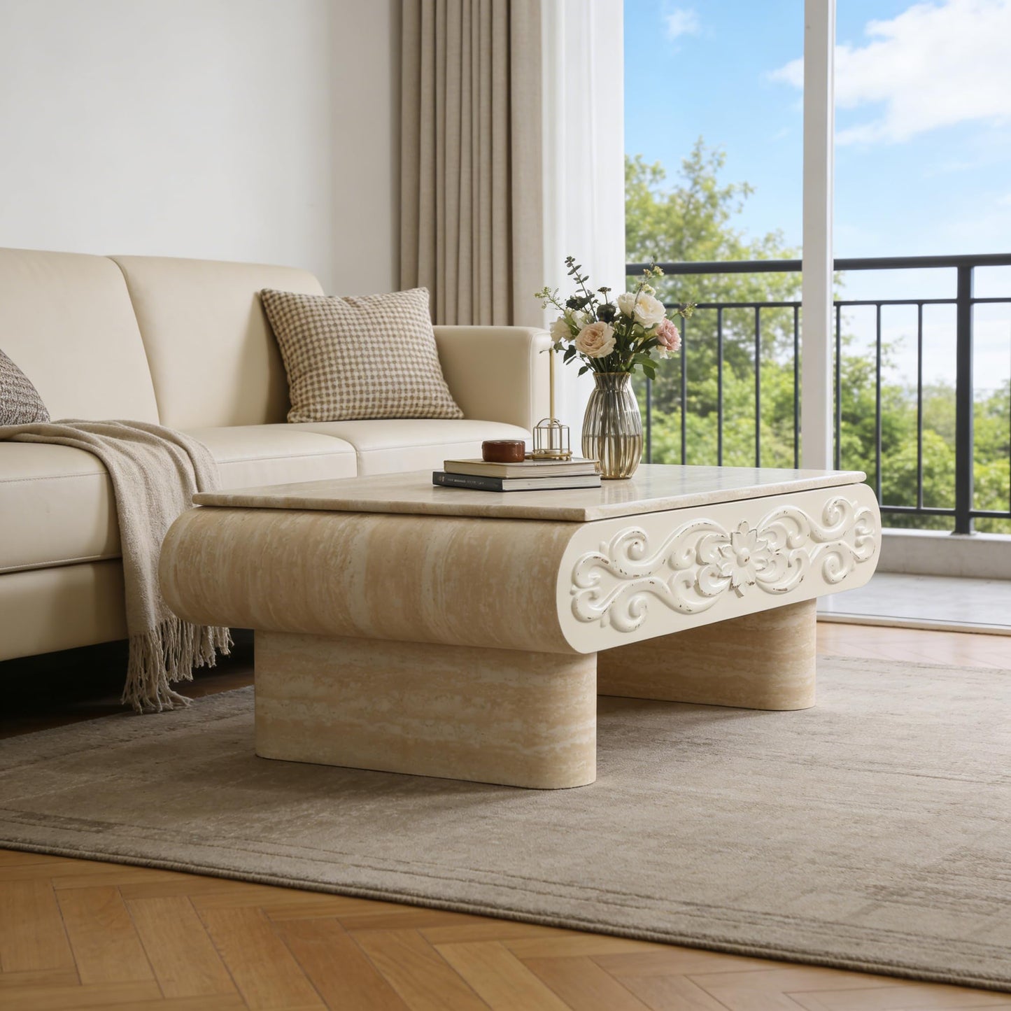 GDFStudio 39.4" Rectangle Lift Top Coffee Table with Hidden Storage, Modern Extendable Center Table with Shelf & Curved Legs, Wooden Coffee Table for Living Room Small Space, Beige+Yellow