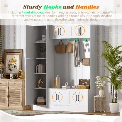 Shaical 79'' Tall Hall Tree with Shoe Storage and Bench, 4-in-1 Mudroom Storage Organizer Coat Rack with 6 Cabinets, 4 Coat Hooks & Adjustable Shelf for Hallway, Entryway, Living Room, White