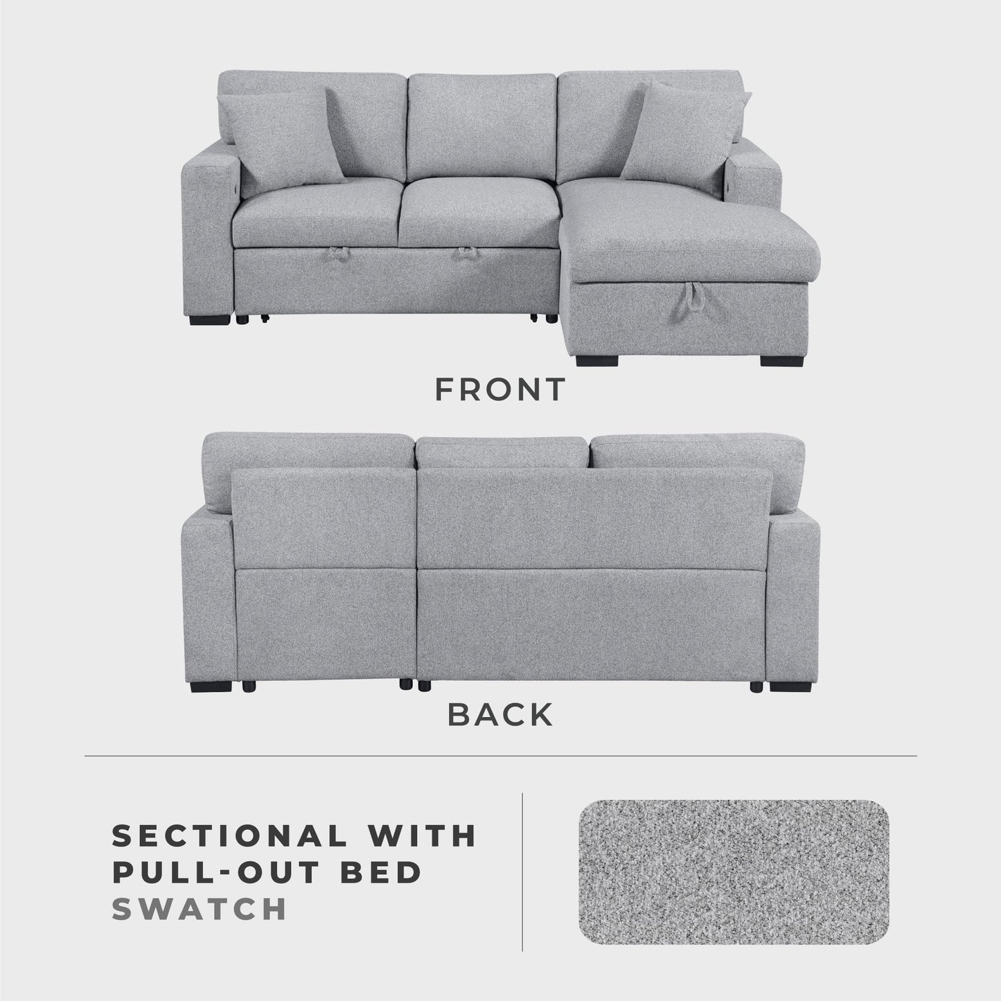 Lexicon 92.5" W L Shape Sectional Couch with Right Storage Chaise and Pull Out Sofa Bed, Sectional Sleeper Sofa with Memory Foam Seat Cushion, Charging Port, Storage Shelf for Living Room, Gray