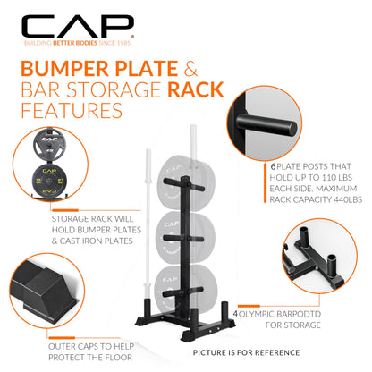 CAP Barbell 260 lb Elite Olympic Plate Set with Traditional Plate Rack & Barbell Storage | 6 Weight Posts + 4 Barbell Holders
