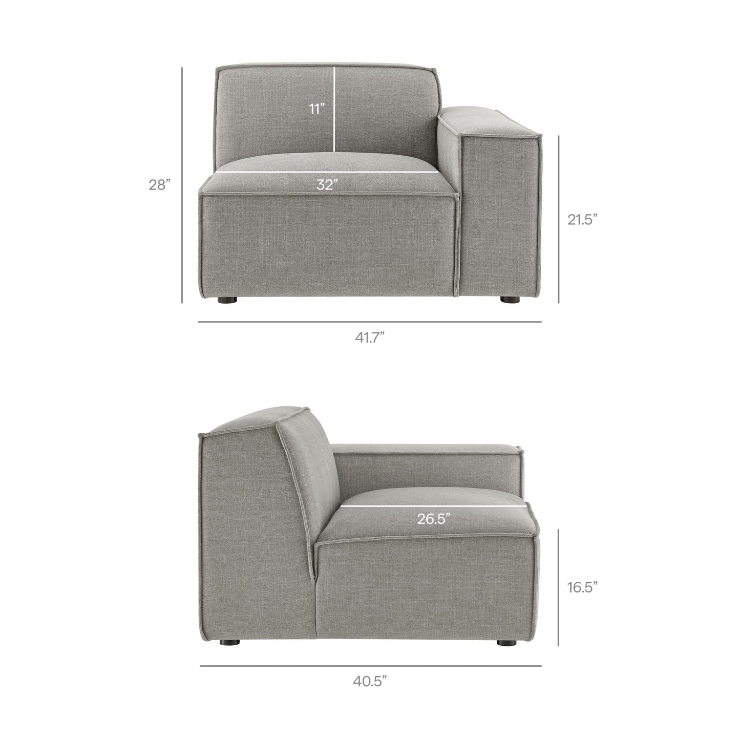 Modway Restore Performance Fabric Upholstered 4-Piece Modular L-Shaped Sofa in Pewter – Sectional Couch with Right-Facing Armchair, Armless Chair, Corner Chair, and Left-Facing Chaise