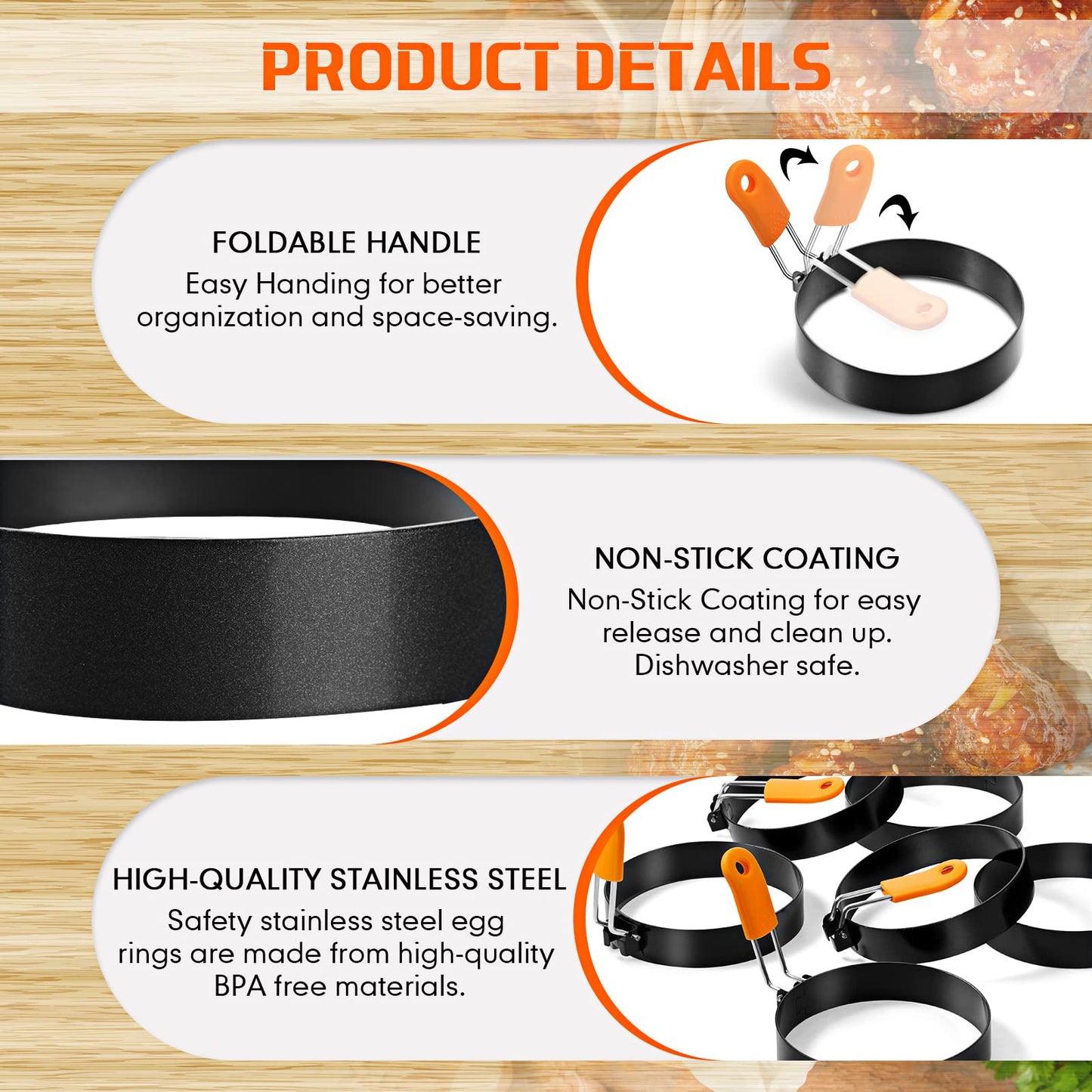 Patelai 6 Pcs Professional Egg Ring Pancake Ring Set Stainless Steel Fried Egg Molds Griddle Pancake Shapers with Orange Silicone Handle for Breakfast Omelette Sandwich(4 Inch)