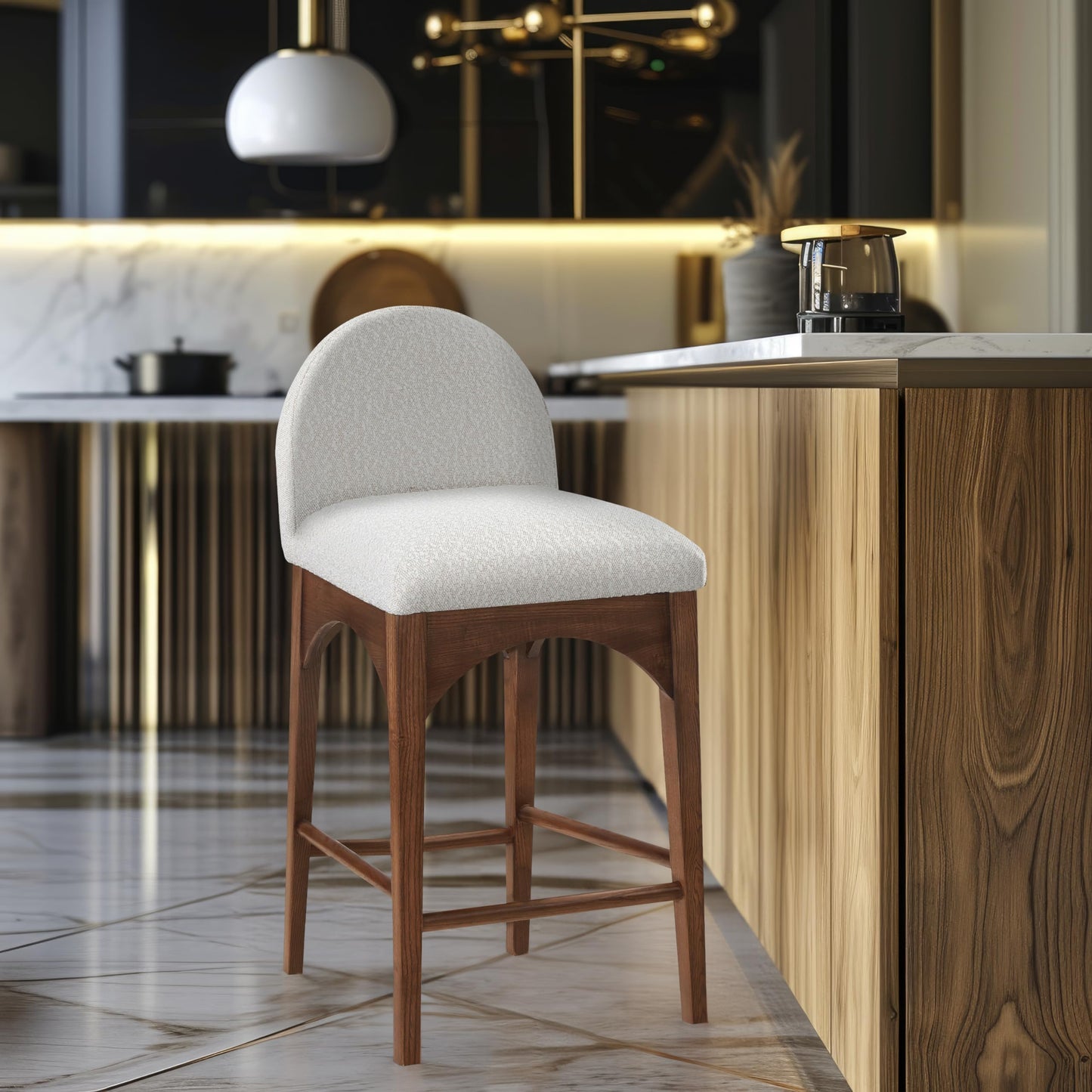 Meridian Furniture 399Cream-C Waldorf Collection Art Deco Stool with Rich Cream Boucle Fabric, Solid Ash Wood, Walnut Brown Finish, Counter Height Stool, 18" W x 20" D x 37" H, Cream