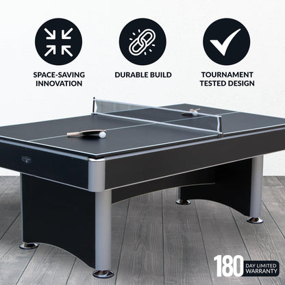 Hathaway Maverick II 7 Foot Pool Table with Table Tennis Top – with Accessories for Both Games – Space-Saving Ping Pong and Pool Table Combo for Families – Matte Black Finish, Blue Felt