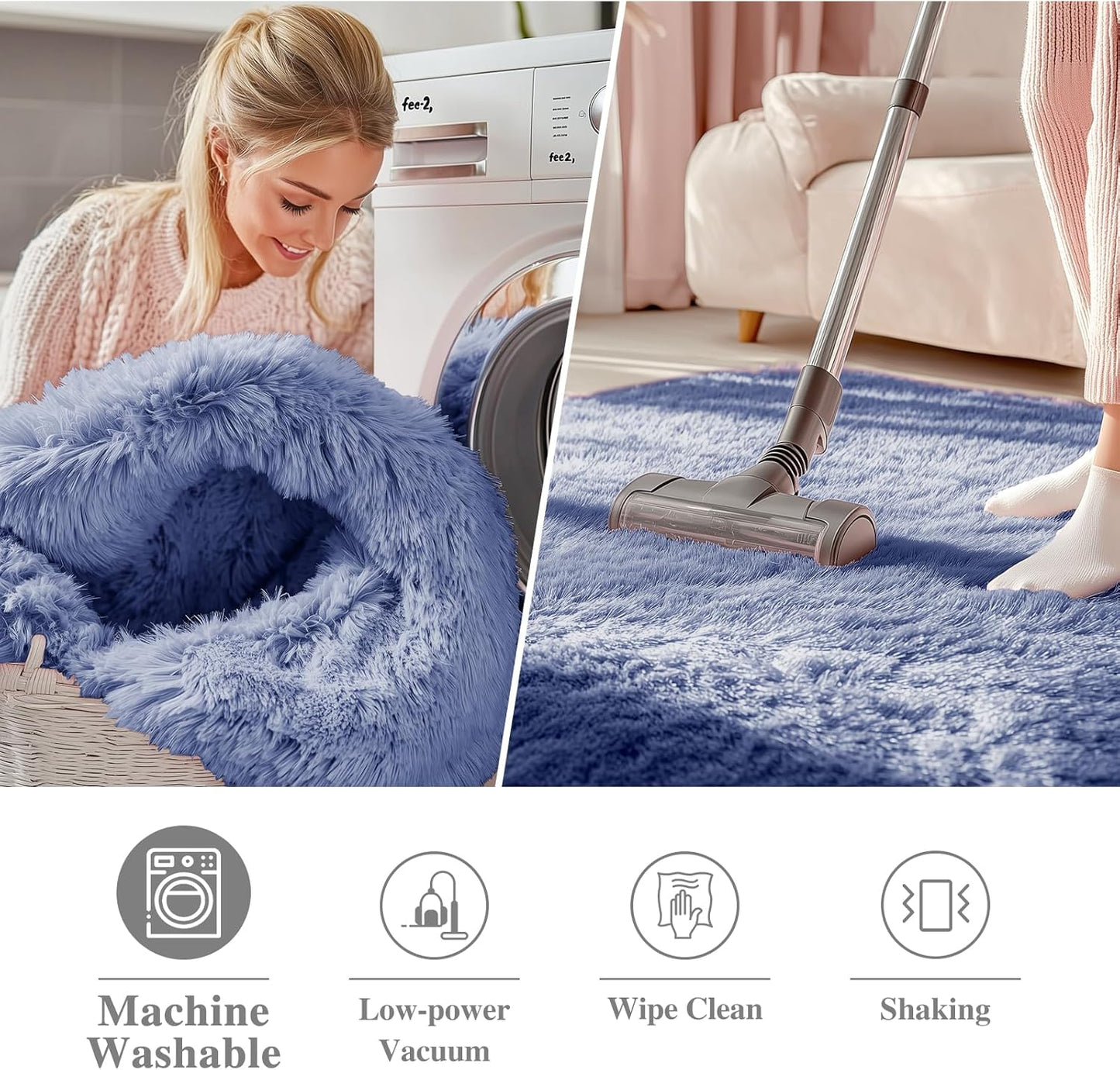 OLANLY Denim Blue Round Rug - Soft & Fluffy Machine Washable 3 ft Area Rug for Bedroom & Living Room