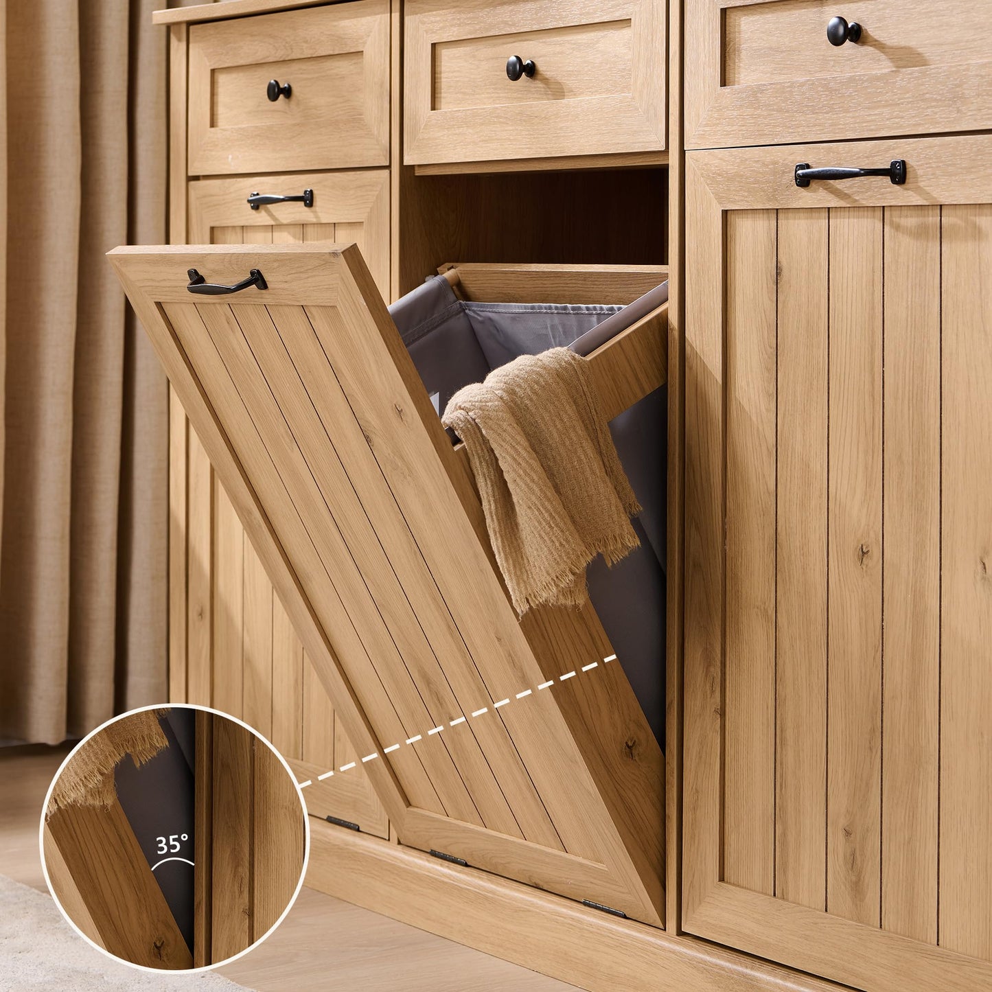 IFGET Triple Tilt Out Trash Can Cabinet, 20 Gallon Farmhouse Laundry Hamper Cabinet w/3 Drawers & Adjustable Shelf, Hidden Wooden Trash Can Cabinets with Storage Basket for Kitchen (Natural)