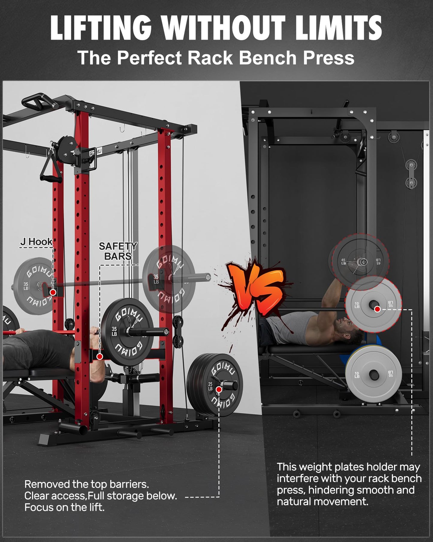 GOIMU RH01 Power Cage Rack, 2000LBS Squat Rack with with Cable Crossover System&LAT Pull Down System, Multi-Function Workout Cage for Home&Garage Gym (Red-SE, RH01 Power Cage with 290LB C Weights)