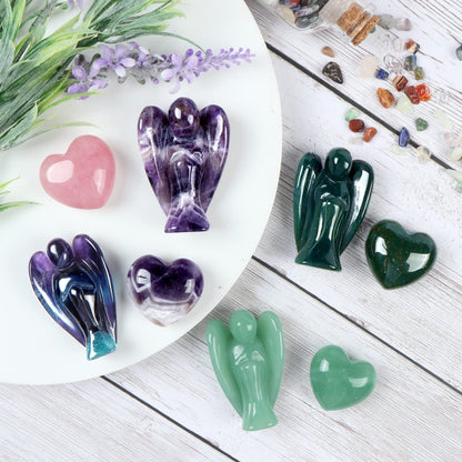 Artistone Rainbow Fluorite Crystal Guardian Angel Statue Amethyst Heart Stone Healing Chakra Set Hand Carved Gemstone Pocket Worry Stones Figurines Healing Reiki Meditation
