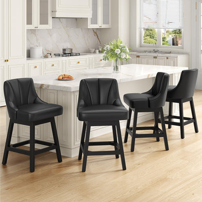REONEY Swivel Bar Stools Set of 4, 26inch PU Leather Upholstered Counter Height Barstools, Modern Kitchen Island Chairs with Back and Solid Wood Legs for Home Bar, Black