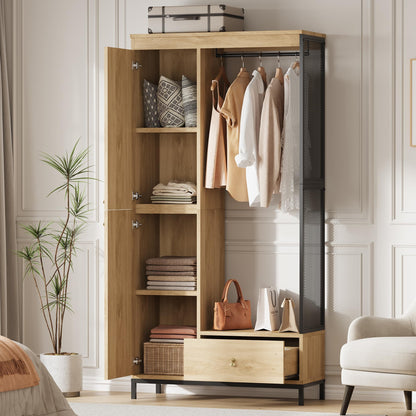 Modern Armoire Wardrobe Closet, Wood and Metal Frame Clothes Storage Organizer with Double Closed Doors, Open Hanging Rod, Bottom Drawer, Freestanding Bedroom Furniture for Small Spaces, Natural Oak