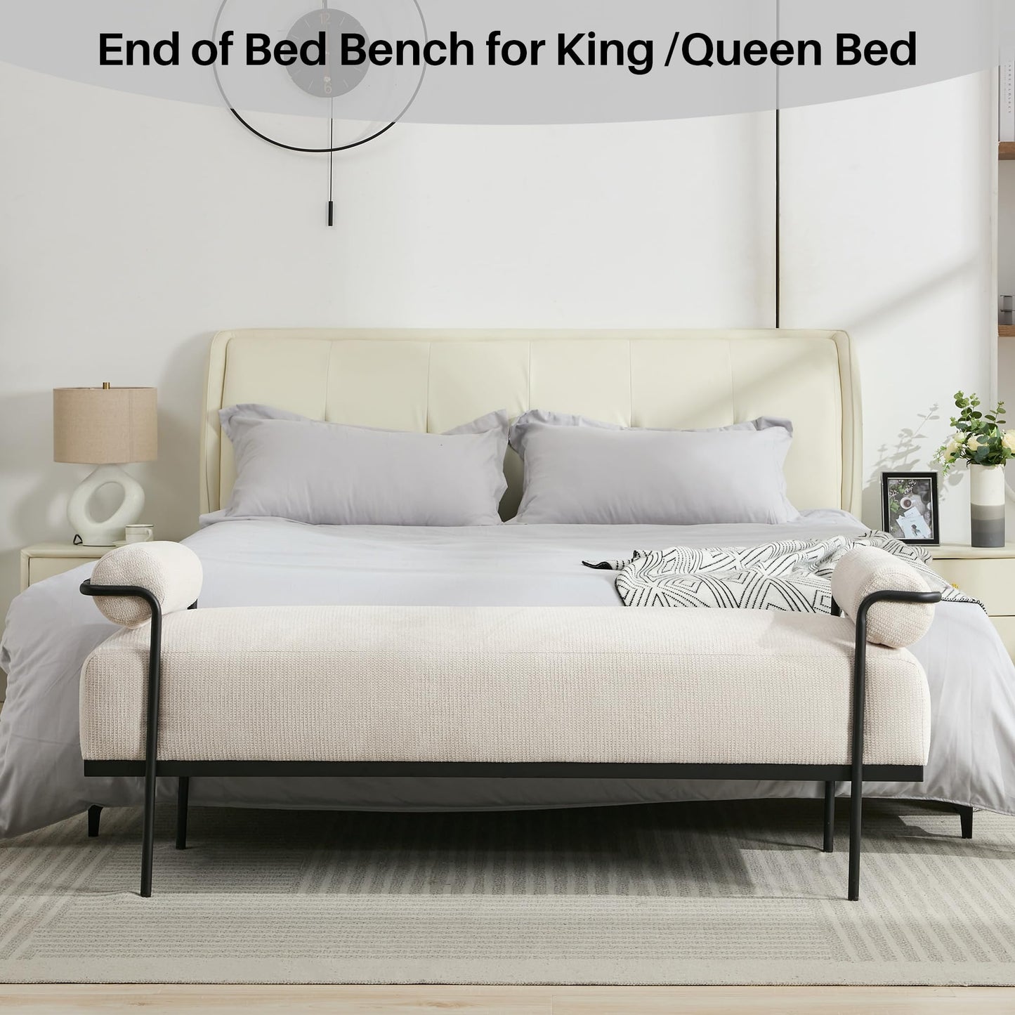 SOFTHION End of Bed Bench 61.2",Entryway Bench,Modern Upholstered Bench Ottoman,Chenille Paded Footrest Stool with Metal Legs for Living Room, Foyer Mudroom Hallway,Beige