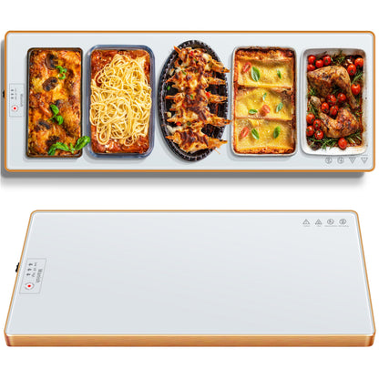 Electric Warming Tray (Extra Long 47.24”x11.81”)，Food Warmers for Parties Buffet & Gathering, Tempered Glass Warming Mat for Food with Adjustable Temperature Modes, White Chafing Dishes