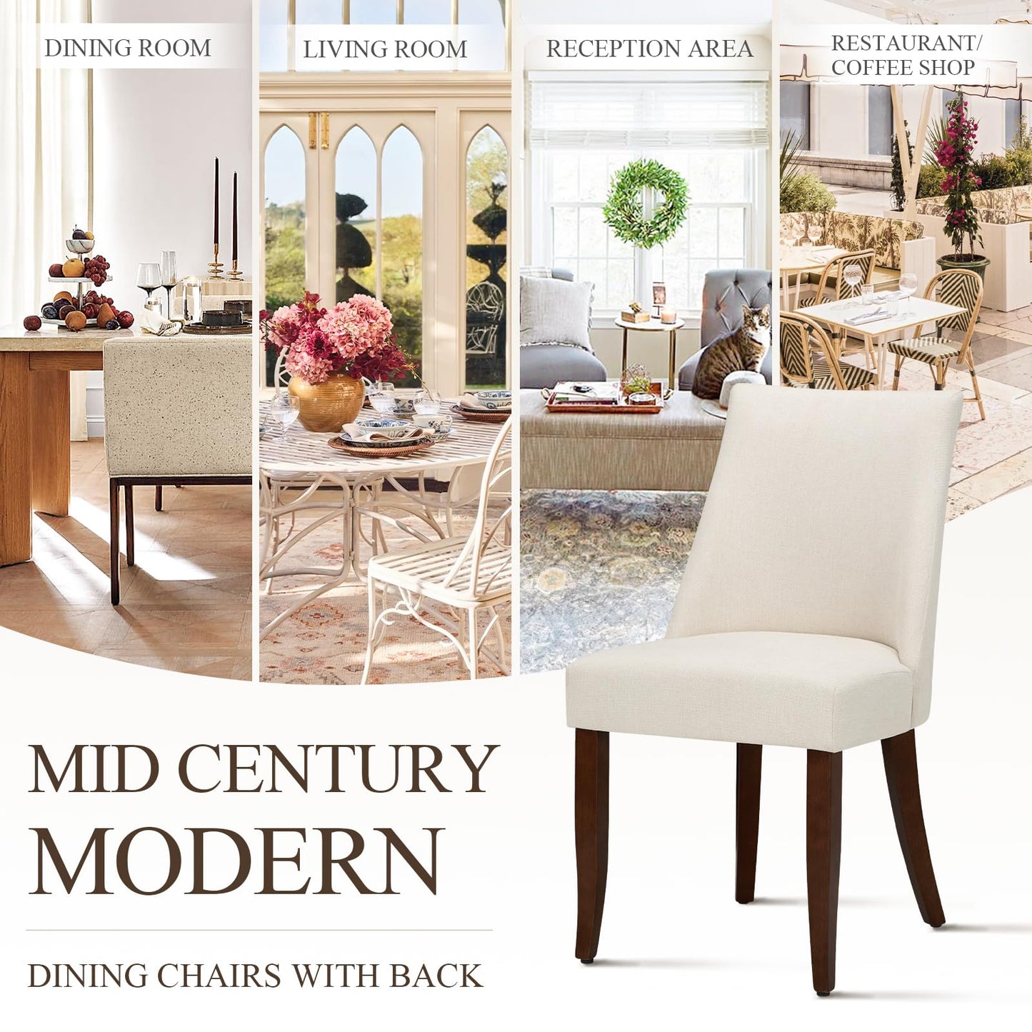 COLAMY Upholstered Dining Chairs Set of 4, Mid Century Modern Kitchen Chairs with Back, Farmhouse Fabric Side Dining Room Chairs with Wood Legs for Dining Room Restaurant, Beige