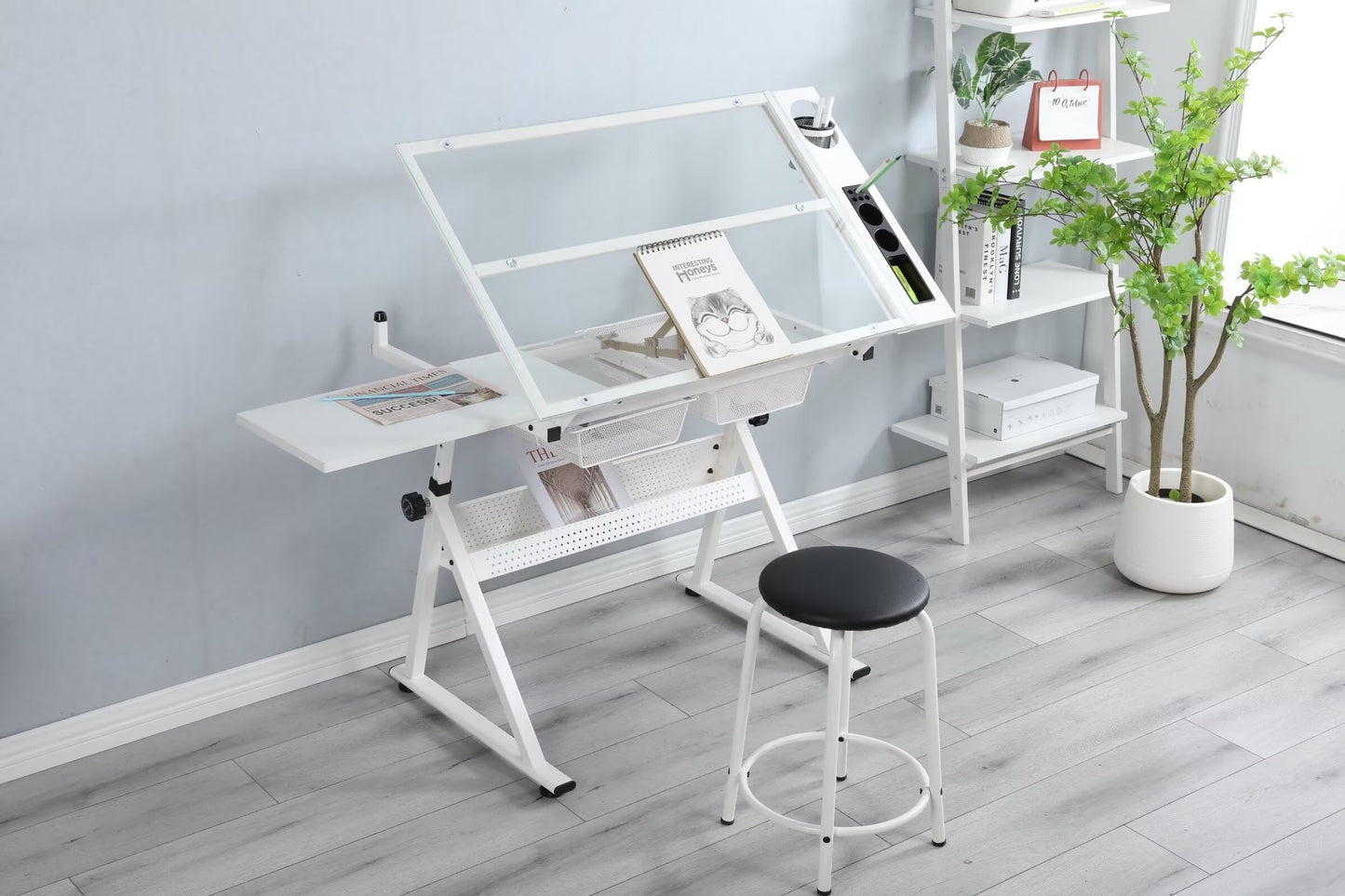 Adjustable Tempered Glass Drafting Table with Chair,Ergonomic Tilting (0-75°) & Height-Adjustable (31.5"-49.5"),Anti-Slip Feet,Storage Drawers for Drawing,Painting,Office Work,Artists,Designers,White