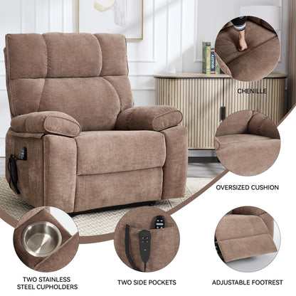 RHHVVR Oversized Power Lift Recliner Chair for Adults, Large Electric Lift Recliners with Massage Heating, Medium-Firm Electric Lay Flat Reclining Chair Sofa for Living Room, Chenille Brown