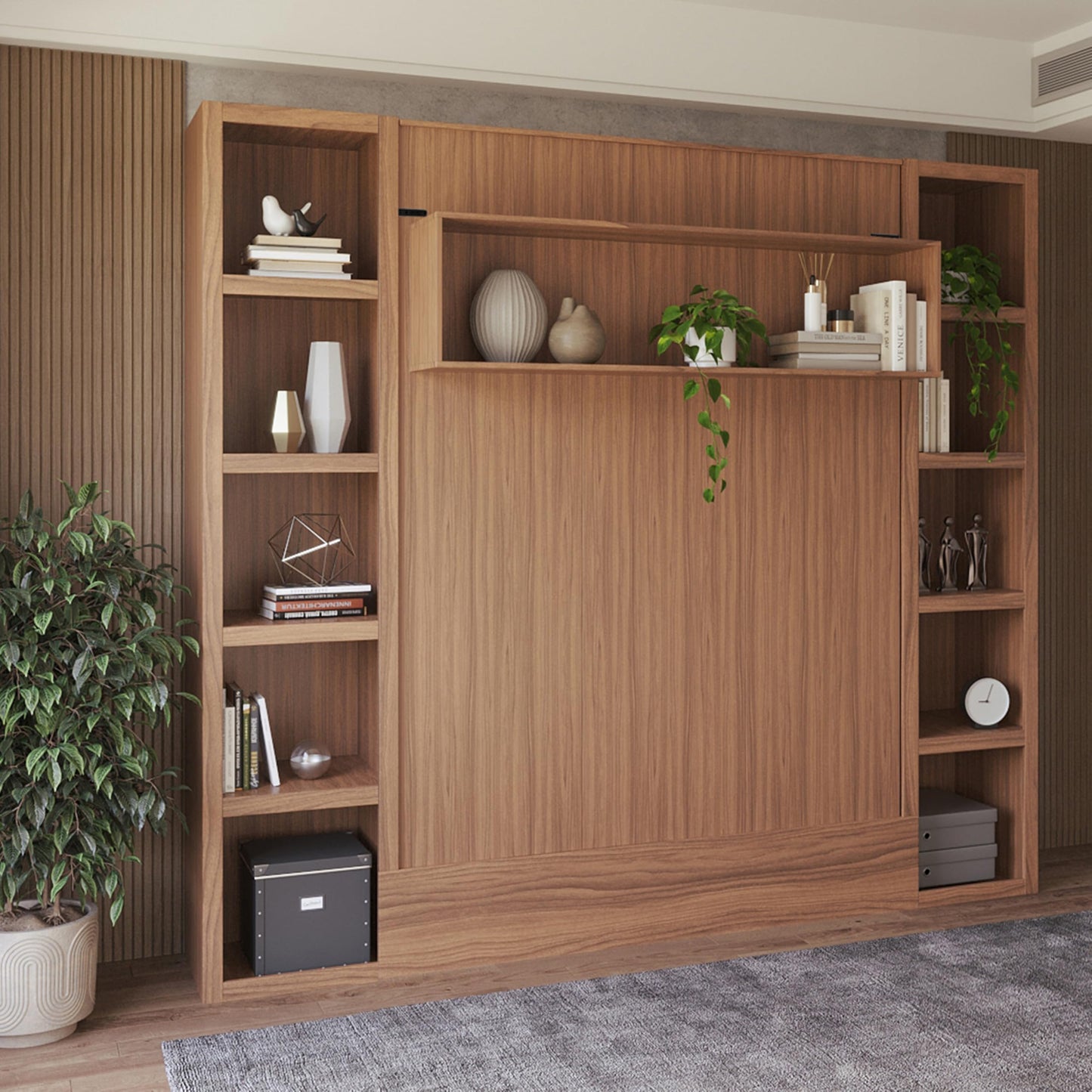 Oakland Living Easy-Lift Queen Murphy Wall Bed in Brown Wood Grain with Two Bookshelves