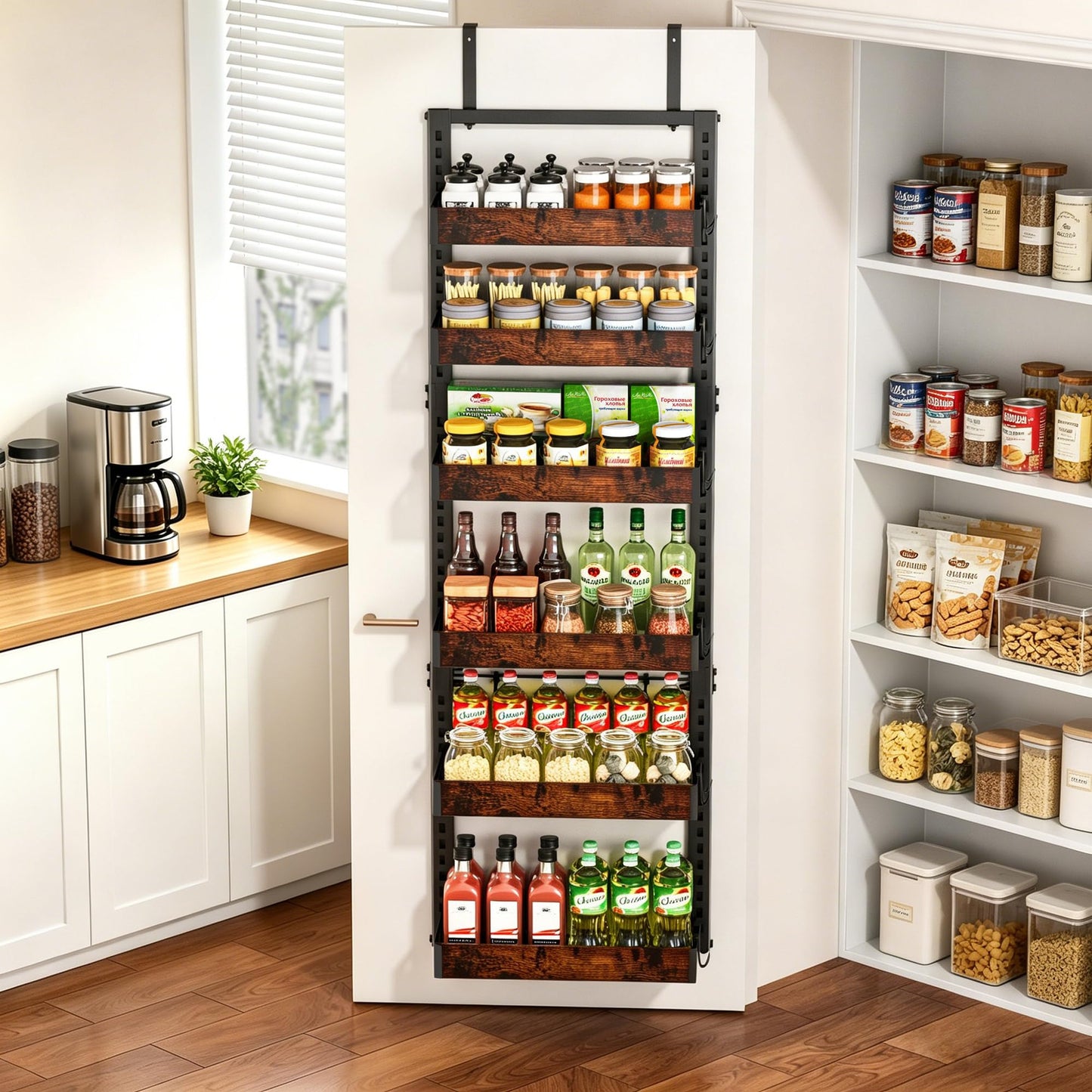 BUKFEN 6-Tier Over the Door Pantry Organizer, 2-in-1 Door Hanging or Wall Mounted Spice Rack, Heavy Duty Metal Storage Shelves with Adjustable Wooden Baskets for Kitchen Bathroom Closet