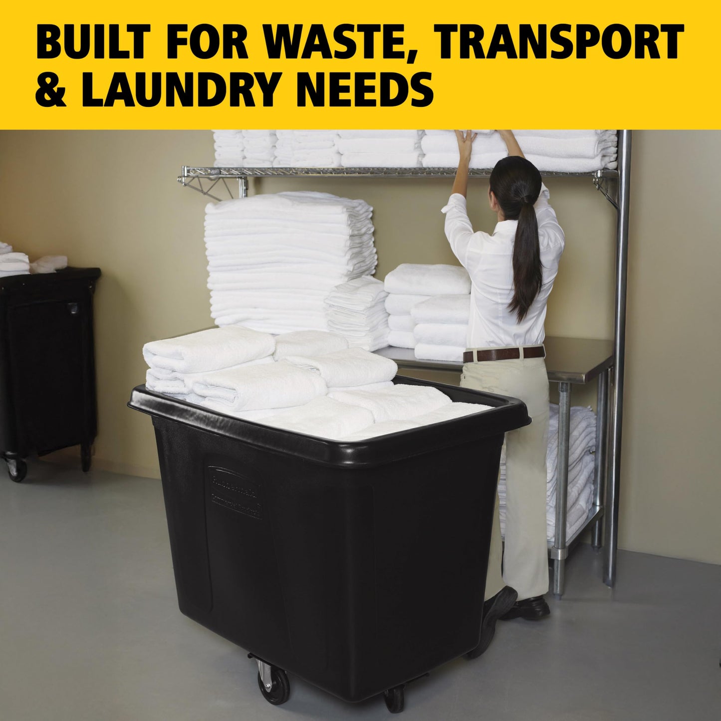 Rubbermaid Commercial Products Cube Basket Truck with Wheels/Casters, 500 lbs Capacity, Rectangular, Black, For Laundry/Waste/Trash/Heavy Materials