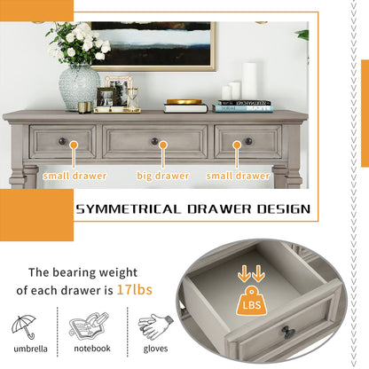 Merax Classic Long Narrow Console Table for Entryway Hallway Sideboard with Storage Drawers and Bottom Shelf Gray Wash