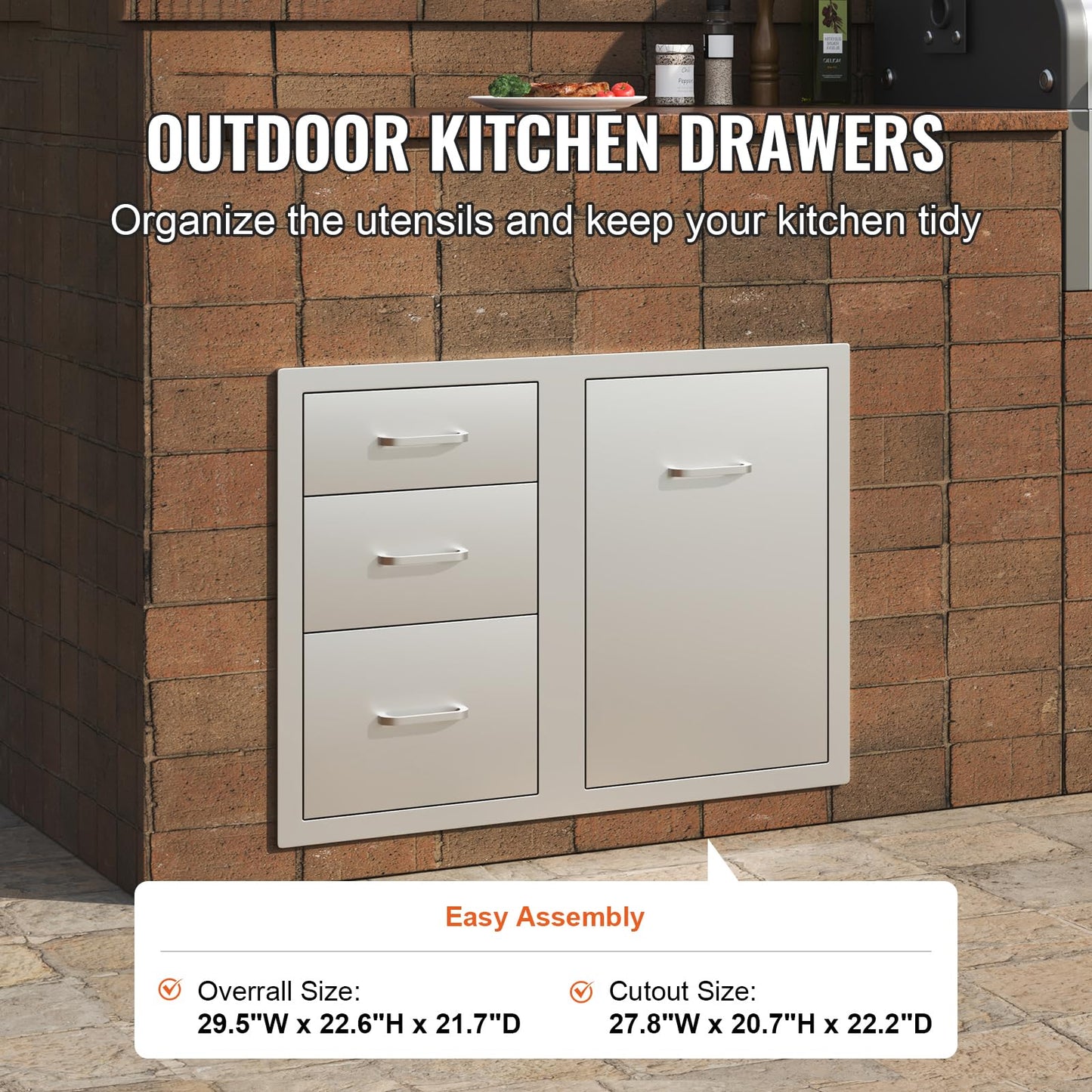 VEVOR Stainless Steel Cabinet, Outdoor Kitchen Door Drawer Combo 29.5" W x 22.6" H x 21.7" D, Access Door/Triple Drawers, Propane Drawer, Adjustable Garbage Ring, BBQ Island Patio Grill Station