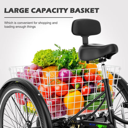 EOYOBIKE Adult Tricycle 3-Wheel Cruiser Bike, Low Step-Through Frame, Large Rear Basket, Heavy-Duty Comfort Bicycle with Adjustable Handlebar & Spring Saddle, 24/26 Inch Wheels for Seniors & Adults