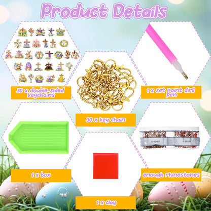 WILLBOND 30 Pcs Easter Diamond Art Keychain Kits He is Risen 5d DIY Double Sided Diamond Painting Keychain Religious Christian Cross Hanging Ornaments for Adults Beginners Key Ring Pendant Crafts