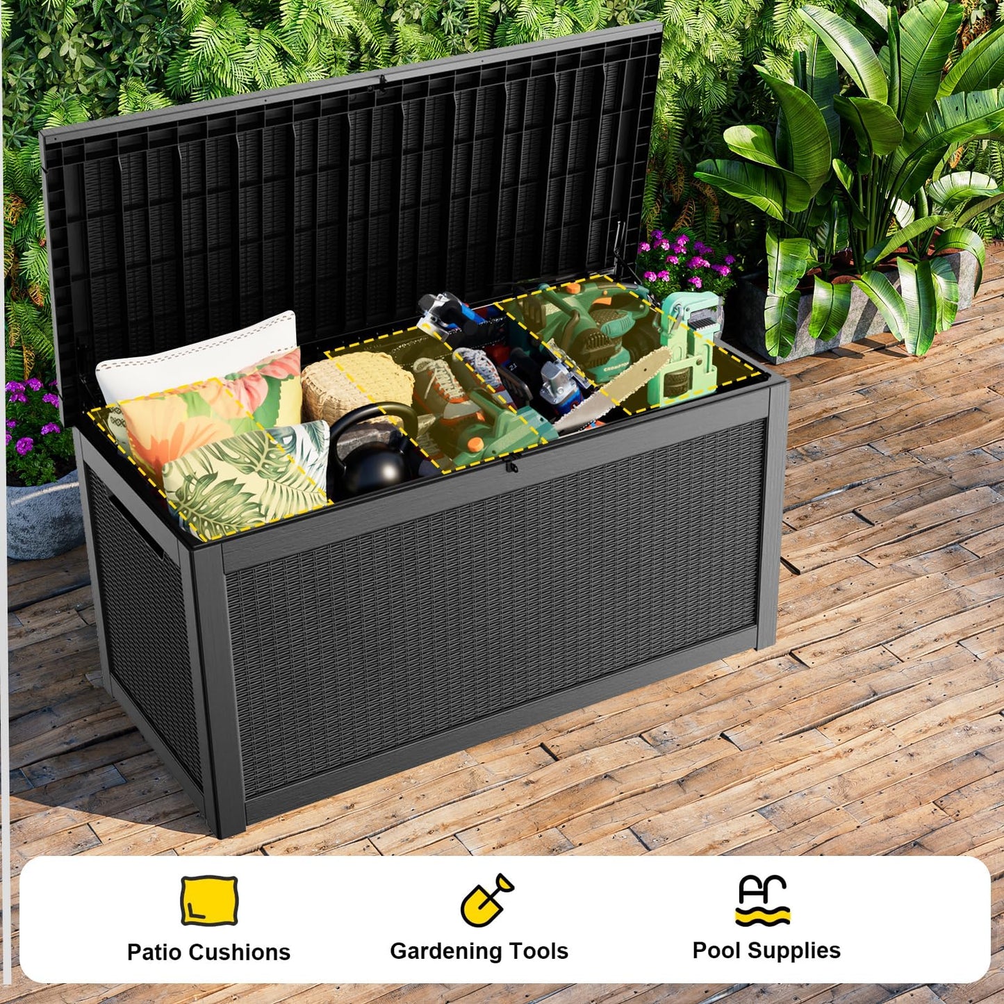 ASKPASS 320 Gallon Outdoor Storage Box,Large Waterproof UV Resistant Deck Box,Lockable Storage Container for Patio Furniture Cushions Garden Tools and Pool Accessories(Black)