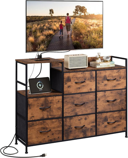 8 WLIVE TV Stand Dresser with Charging Station, Entertainment Center with Fabric Drawer, TV Media Console Table,Open