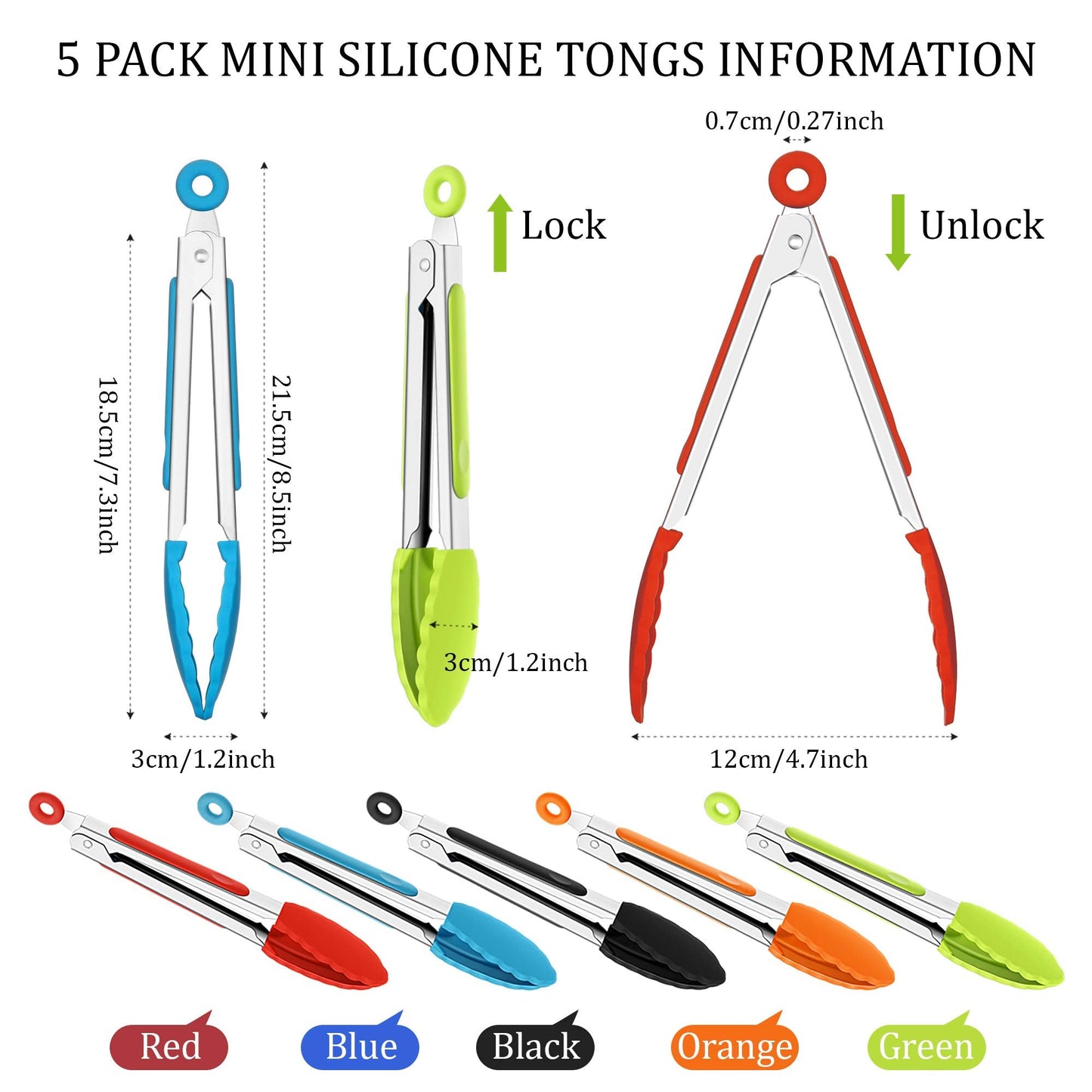 Mudder 5 Pack Mini Kitchen Tongs 7 Inch Silicone Tongs for Cooking Serving BBQ, Small Stainless Steel Food Tong with Silicone Tips for Salad, Bread, Buffet, Party & Kitchen Use(Multi)