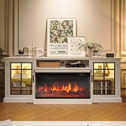 OneBlis 80" Fireplace TV Stand with 3-Sided Glass, TV Cabinet for TVs up to 90", Modern Media Entertainment Center with Farmhouse Glass Door Storage Cabinets, for Living Room, White
