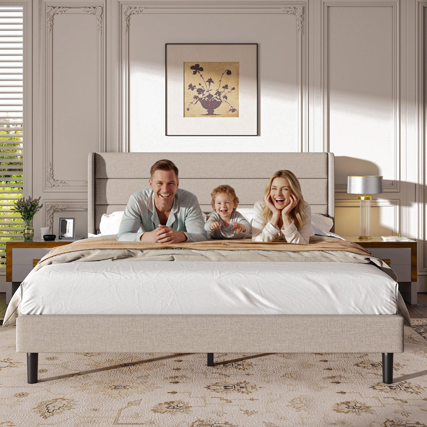 Mxhtcewz Full Size Upholstered Platform Bed Frame, Modern Linen Fabric Bed with Wingback Headboard, Sturdy No Wobble, Noise-Free & Easy Assembly, No Box Spring Needed, Beige