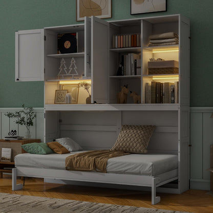 DNYN Twin Size Murphy Bed with Top Cabinets and LED for Bedroom/Guest/Study Room, Foldable Wall Bed Frame with USB and Storage Shelves, Space-Saving & No Box Spring Needed