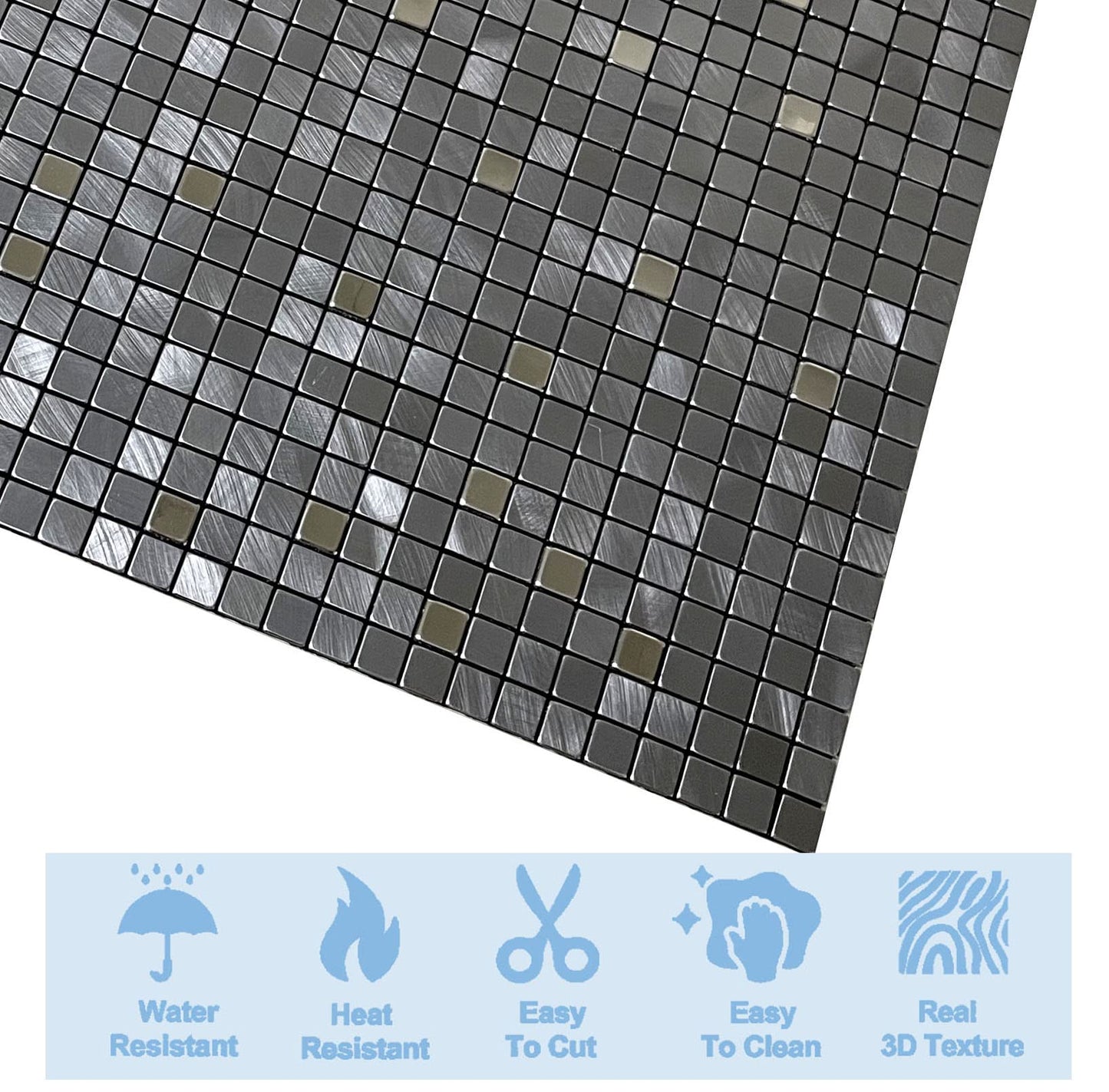 XUANINY 10-Piece Peel and Stick Backsplash for Kitchen Aluminum 3D Wall Sticker Panel Self-Adhesive Metal Mosaic Tile (11.41"x11.41"Grey)