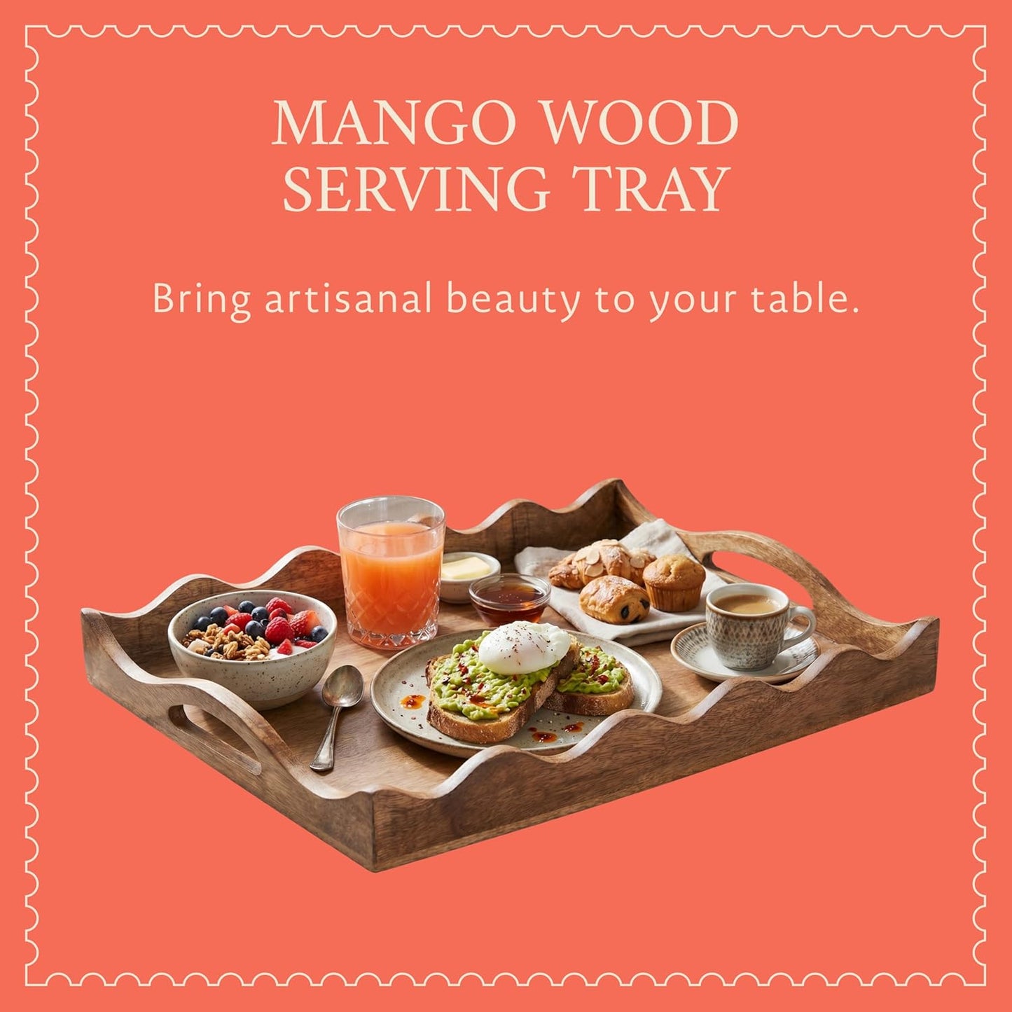 16" 12 2.5 Mela Artisans Ottoman Wooden Serving Tray | Large, Scallop White Burnt | Decorative Mango Wood | Serve