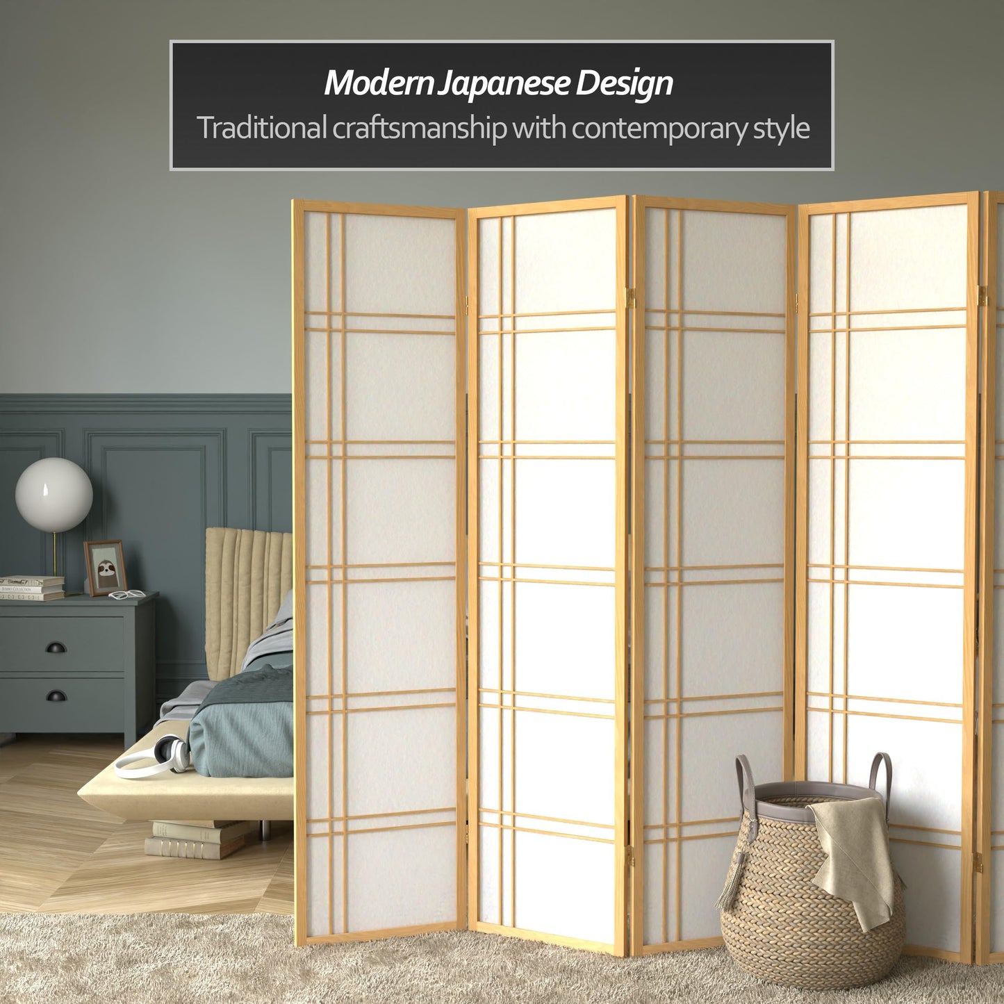 Red Lantern 6 ft. Tall Double Cross Shoji Screen - Natural - 5 Panels
