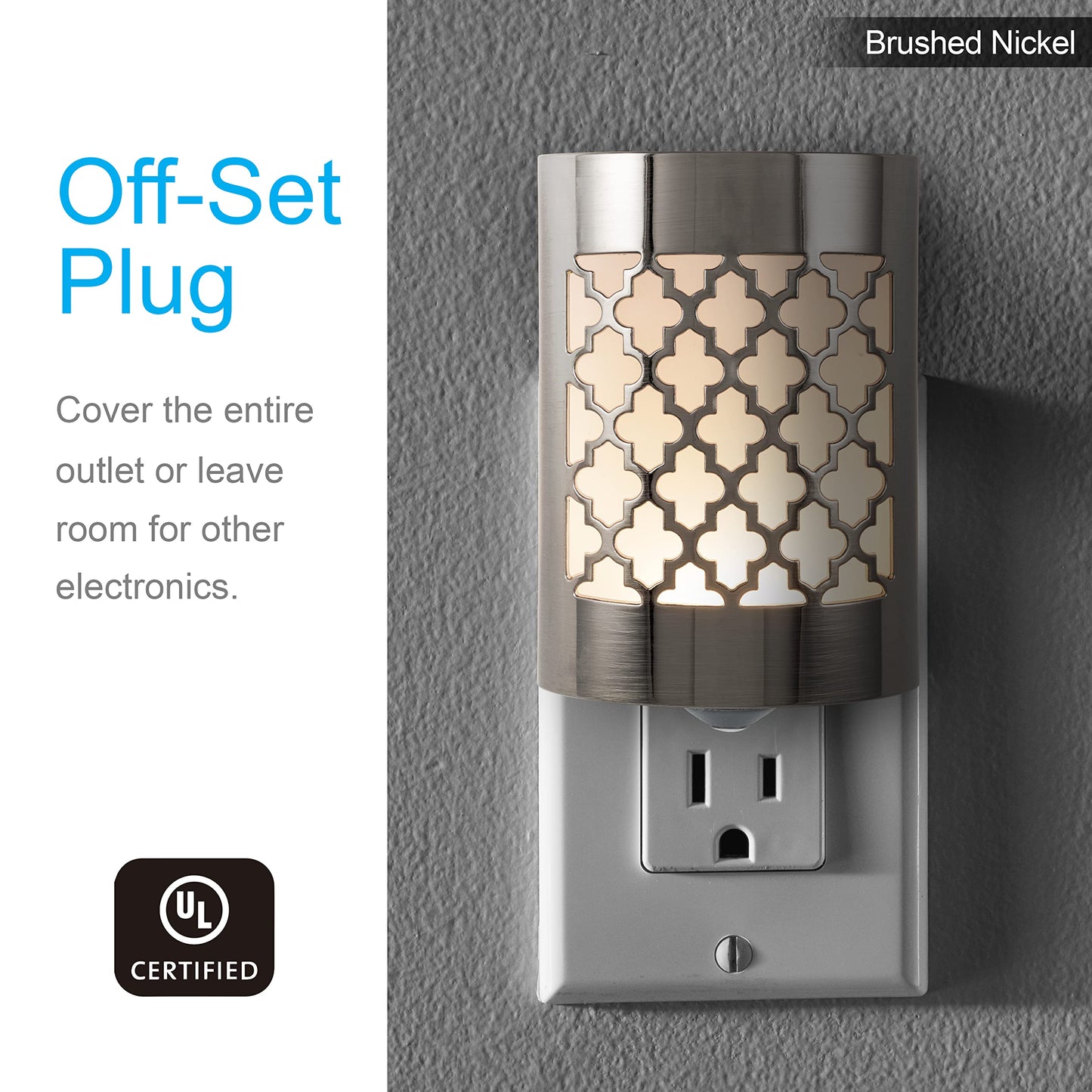 GE CoverLite LED Night Light, Plug-In, Dusk to Dawn Sensor, Home Decor, LED Lights for Bedroom, Bathroom, Kitchen, Hallway, 2 Pack, 46815, Brushed Nickel | Moroccan