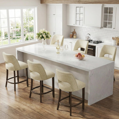 VKNOW 26" Bar Stools Set of 4, Faux Leather Counter Height Bar Stools with Backrest and Rubberwood Legs, Upholstered Barstools for Kitchen Island, Bar and Dining Room, Beige