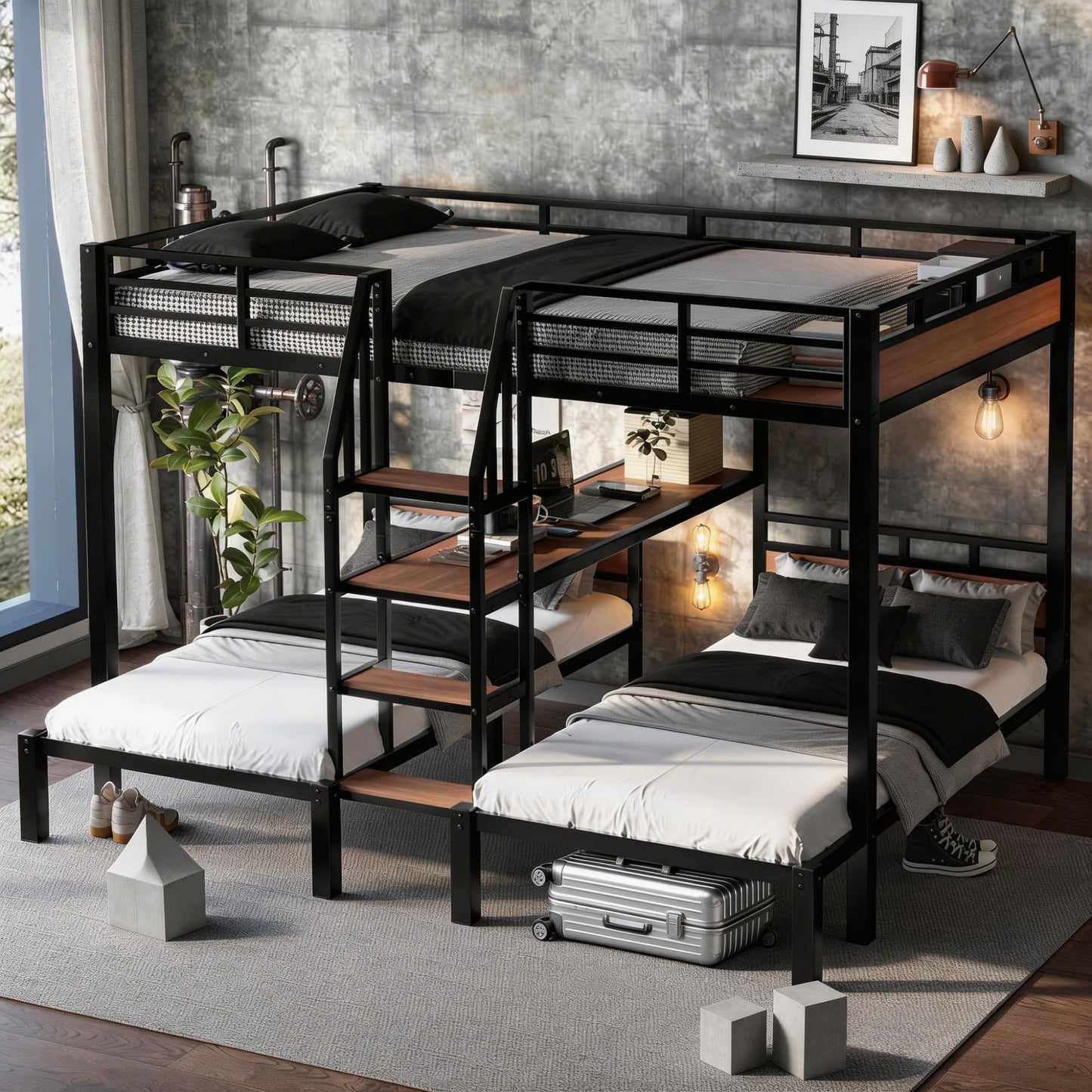 Bellemave Queen Over Twin & Twin Bunk Bed with Shelves, Metal Triple Bunk Beds with Safety Guardrails and Underbed Storage, Heavy-Duty 3 Bunk Beds for Kids, Teens, Adults, No Box Spring Needed, Black