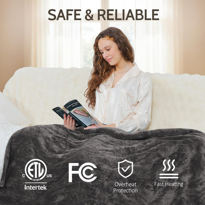 HOW'S MY HOUSE Heated Blanket Throw 50" x 60", Electric Blanket with 12 Time Settings & 6 Heating Levels, Over-Heat Protection, Flannel Sherpa Super Cozy with ETL Certification, Gray