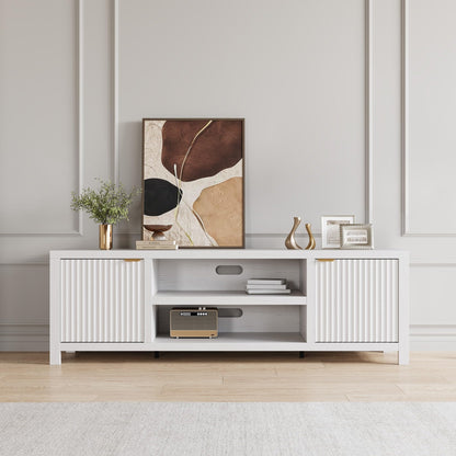 IDEALHOUSE Fluted TV Stand for 75+ Inch, Modern Entertainment Center with 2-Tier Storage & Adjustable Shelves, Media Console Cabinet with 2 Fluted Doors and Gold Handle for Living Room, Bedroom, White