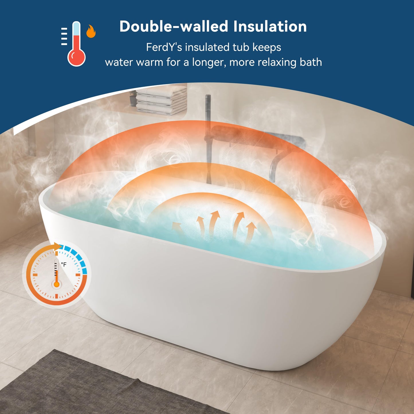 FerdY Fiji 69" Stone Resin Freestanding Bathtub, Classic Oval Shape Soaking Bathtub, Solid Surface Soaking Tub, cUPC Certified, Integrated Slotted Overflow and Matte White Pop-up Drain