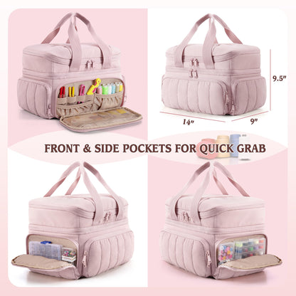Marscamd Puffer Sewing Organizer Bag, Large Capacity with Multiple Pockets and Detachable Dividers, Storage Box for Threads, Needles, Scissors, Craft Supplies, Pink (Bag ONLY, NO Supplies)